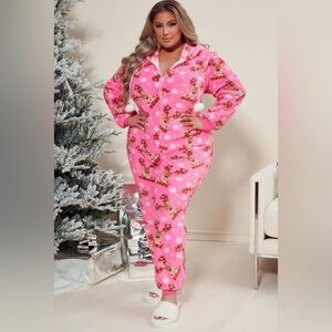 Reindeer Kiss PJ Plush Jumpsuit Onesie - Pink/combo